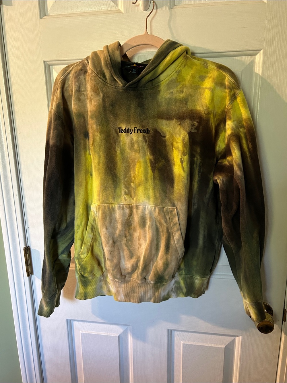 Teddy Fresh Ice Dye Pullover Hoodie Sweatshirt Green Yellow Brown XS